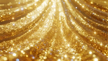 Golden glittering fabric with sparkling light effects and flowing texture