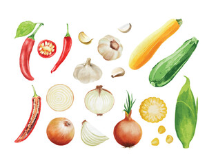 Watercolor Vegetables Clipart Set – Chili Peppers, Garlic, Tomatoes, Onions, Zucchini, Yellow Squash, and Corn | Farm Fresh Kitchen Ingredients Illustration Pack