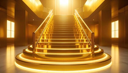 A breathtaking architectural composition, a grand golden staircase leads upwards towards a radiant source of light, evoking a sense of aspiration and grandeur.