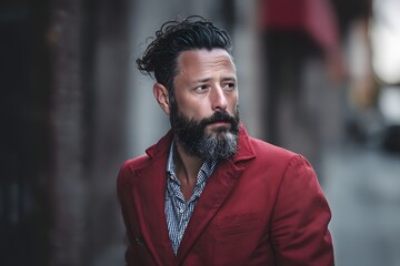 Stylish man with beard wearing a red jacket in an urban setting