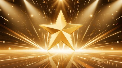 Golden star shining with radiant light beams and sparkling particles on a glowing background