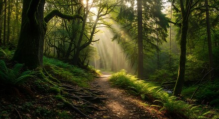 Obraz premium Sunlit Path Through a Lush Green Forest with Towering Trees.