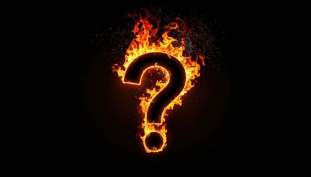 A fiery question mark, blazing with intensity, rises from a black abyss, inviting curiosity and igniting the imagination.