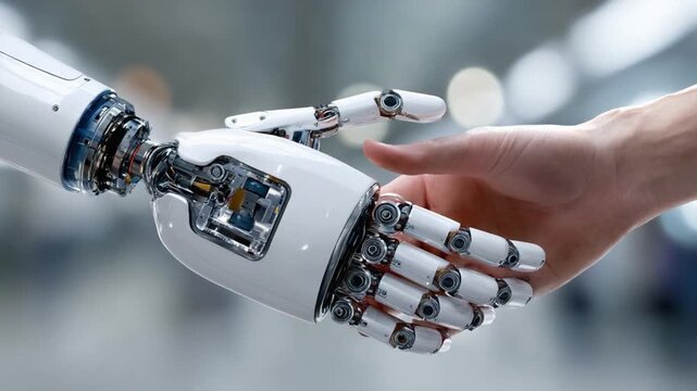 Human-Robot Handshake: A close-up shot capturing a collaborative handshake between a human hand and a robotic arm, symbolizing the synergy between technology and human interaction.