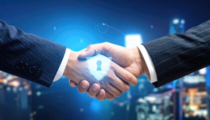 A secure business partnership handshake, digital shield of security, symbolizing trust and reliability.