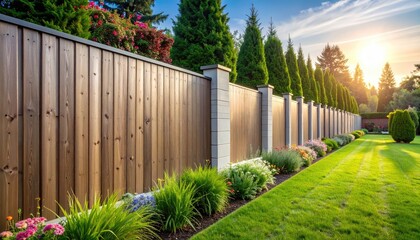 A beautiful wooden fence graces the border of a lush, vibrant green garden bathed in the warm embrace of the morning sun. A symphony of textures and tones unfolds: the rich grain of the wood.