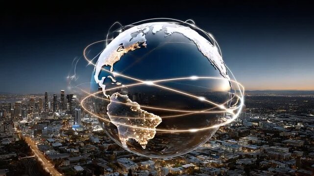 Global Connectivity: Illustrates the interconnectedness of our world through the lens of technology. The globe, with its network of luminous lines encircling it, rests above a cityscape at night.