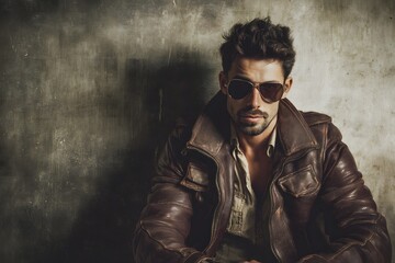 Confident man poses in front of a textured gray wall wearing brown leather jacket