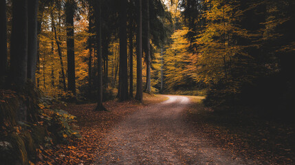 Obraz premium narrow. Narrow forest path with autumn leaves and dappled sunlight. representing seasonal cycles and harvest abundance, travel magazines, designed for travel destination branding.