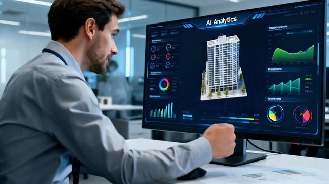 Medium shot of a specialist monitoring AIdriven analytics predicting wear and tear on building exteriors through realtime data visualization.