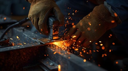 Close-up of a welder grinding metal, sparks flying from the tool in a workshop setting