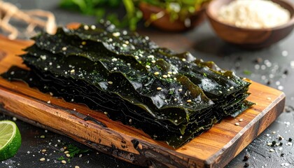 Crispy, savory seaweed sheets, a culinary delight, exquisitely presented on a rustic wooden board, a perfect snack and a glimpse into gourmet food.