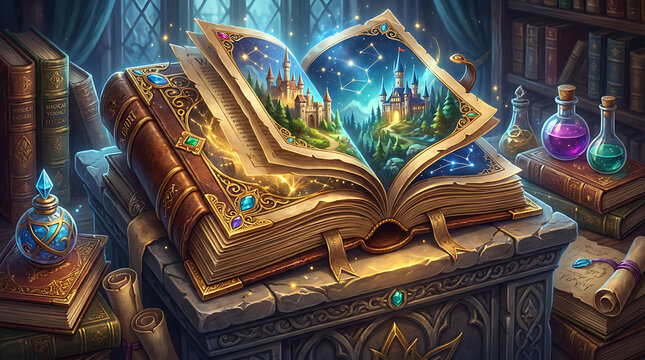 Enchanted Open Book Revealing Magical Fantasy World.