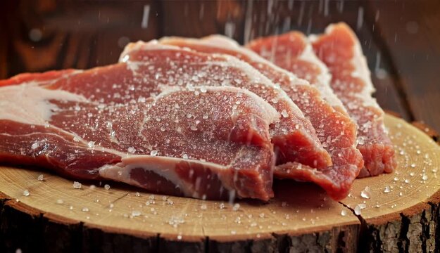 Close up of raw pork chops seasoned with salt on a wooden cutting board for cooking preparation