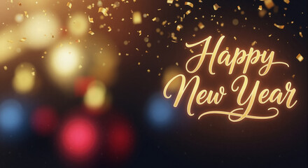 Happy New Year glowing text with falling gold confetti. Festive holiday background with colorful bokeh lights and sparkles. Celebration concept for greeting card or banner