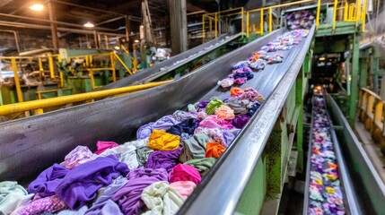 Medium shot capturing fabric scraps being collected and processed into ecofriendly insulation materials in a textile recycling plant.