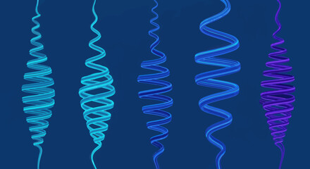 Pixelated ribbons spiral on blue