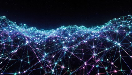 Obraz premium Abstract network of glowing nodes, connected by lines, floating in starry cosmos