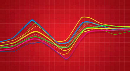 Abstract, curving lines of color over a red grid background