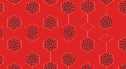 Abstract geometric seamless pattern with hexagons and circles on red