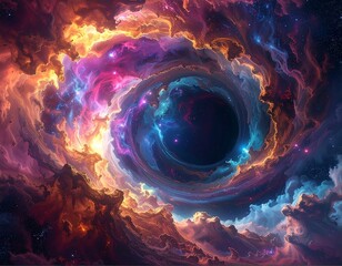 Swirling cosmic vortex showcasing nebulae in fiery hues, a celestial gateway