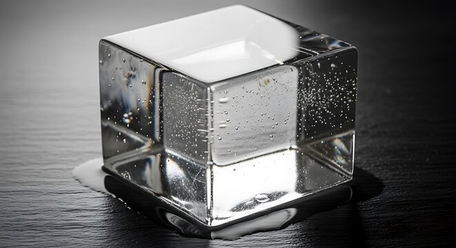 Macro view of a melting transparent ice cube with bubbles on a dark surface creating a cool and refreshing vibe