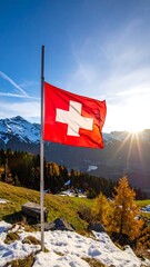 Swiss flag waving in autumn mountains (1)