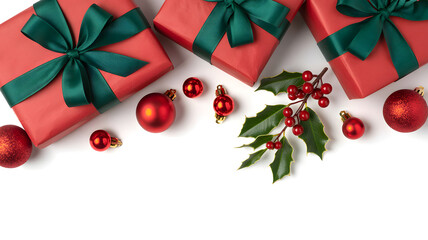 A top view of red christmas presents with green ribbons, ornaments, and holly on a white background