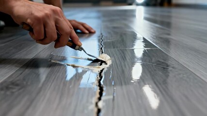 Closeup of hands skillfully filling scratches on glossy laminate flooring restoring its smooth reflective surface with precision and care.