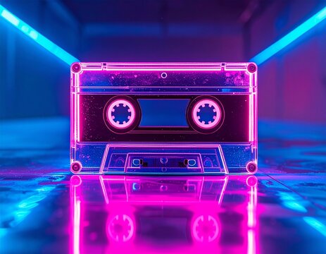Retro cassette tape in neon lighting, vaporwave style, glowing reflections, nostalgic
