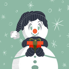 Cute Snowman Holding a Christmas Gift - Whimsical Winter Holliday Illustration
