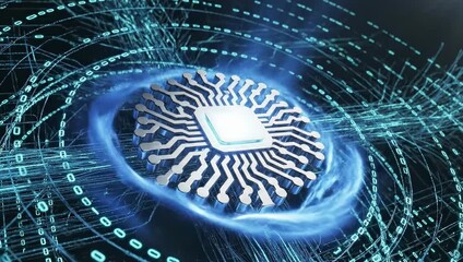 Central processing unit with glowing circuits and data streams emanating blue light and digital energy vortex - Powered by Adobe