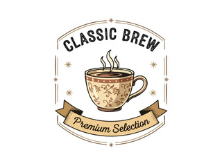 Classic Brew Premium Selection Aromatic Coffee Cup Illustration with Decorative Details