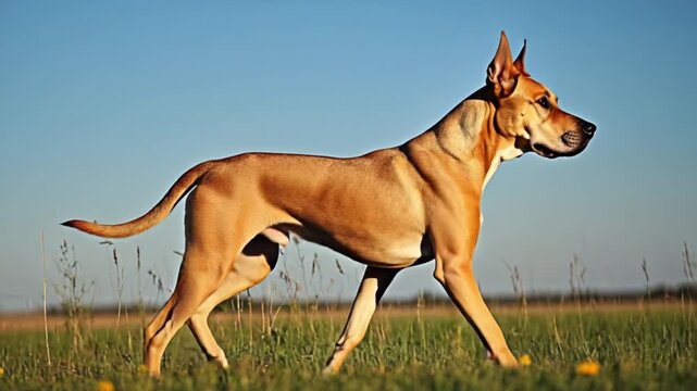 Tan great dane standing alert in a grassy field under a clear blue sky on a sunny day outdoors dog video