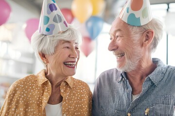 Happy senior couple celebrating a birthday, both are laughing and wearing party hats