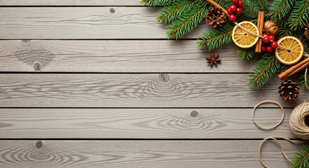 Rustic wooden Christmas background with fir branches and spices. Holiday flat lay decoration with dried oranges and cinnamon. Copy space for text