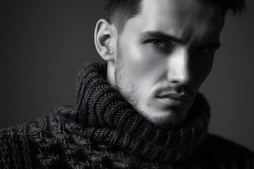 Portrait of a handsome man in a black and white photo wearing a wool turtleneck sweater