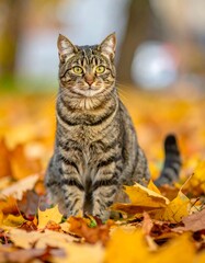 Tabby cat sits amidst vibrant, golden autumn foliage, eye contact