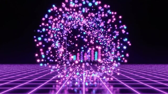 Digital bar graph with a retro, glitching aesthetic, showing data in a futuristic display