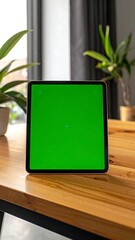 Tablet with green screen on wooden table