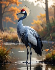 Tall bird with ornate head feathers standing in water, autumn backdrop
