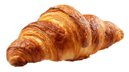 Delicious golden brown croissant on transparent background highlighting its flaky crust and soft buttery texture