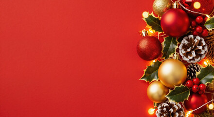 Red Christmas background with border of gold and red baubles. Festive pine cones and holly leaves flat lay. Copy space for text