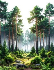 Tall evergreen trees line a path in a misty forest scene