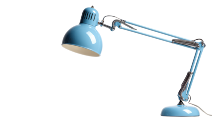 Blue adjustable metal desk lamp for office and home, providing focused illumination on a transparent background