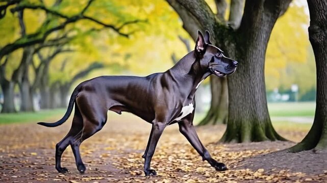 A black great dane stands on a path covered in fallen leaves in a park with yellow trees in autumn dog video