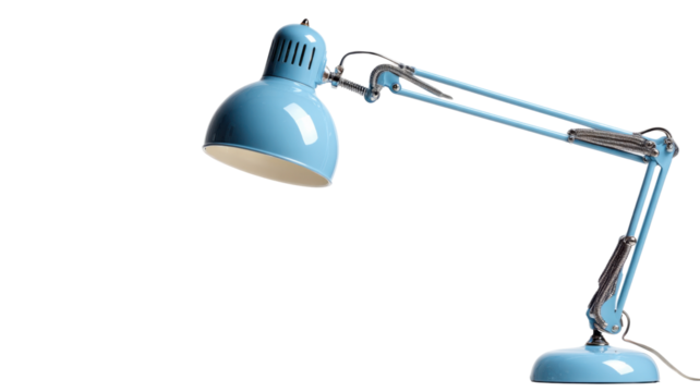 Blue adjustable metal desk lamp for office and home, providing focused illumination on a transparent background