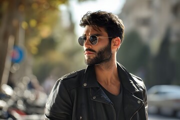 Attractive man with beard wearing leather jacket and sunglasses looks to side