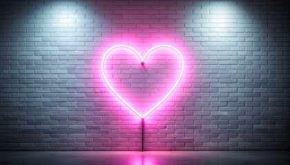 Neon Heart on Brick Wall: A vibrant, glowing neon heart casts a soft light on a weathered brick wall, illuminated by spotlights, creating a mood of romantic warmth and modern aesthetics, Generative AI