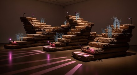Intricate stone platform arrangement with artistic lighting installation